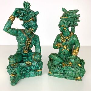 Pair Zarebski Green Malachite Statue Sculpture Mexico Aztec Mayan Vtg Read